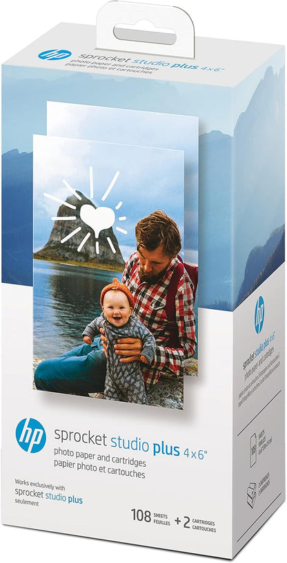 HP Sprocket Studio plus 4X6 Wireless Instant Photo Printer, 118 Sheets + 3 Cartridges, Wi-Fi, Premium Dye Sublimation, Compact Home Use, Prints Vibrant Color Pictures, Editing App for Fun Photos