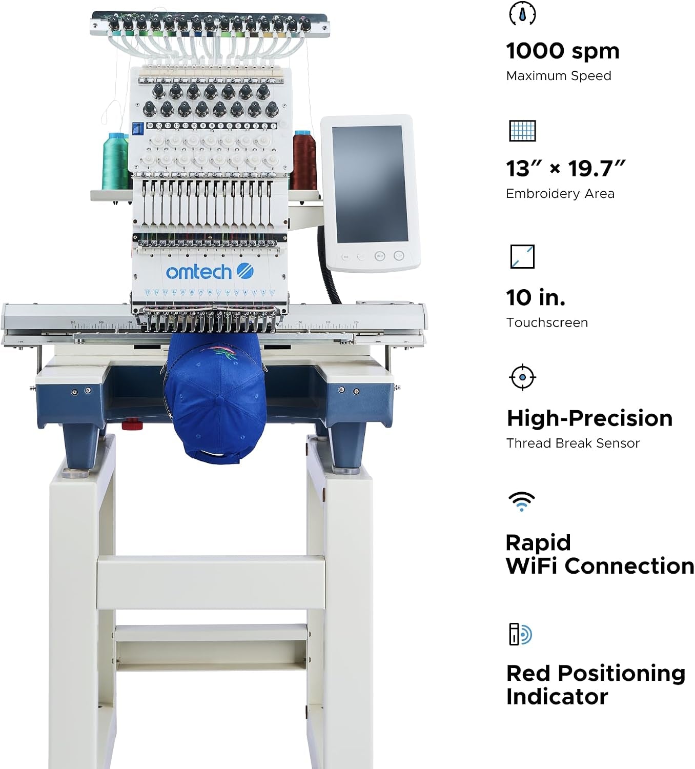 Omtech Pulse 15 Needle Commercial Embroidery Machine, 13" X 20" Multi-Color Stitching Machine with Wifi 1000Spm Max Speed 10" Touchscreen, 270° Cap Flat Garment Digital Threading Machine with Hoops