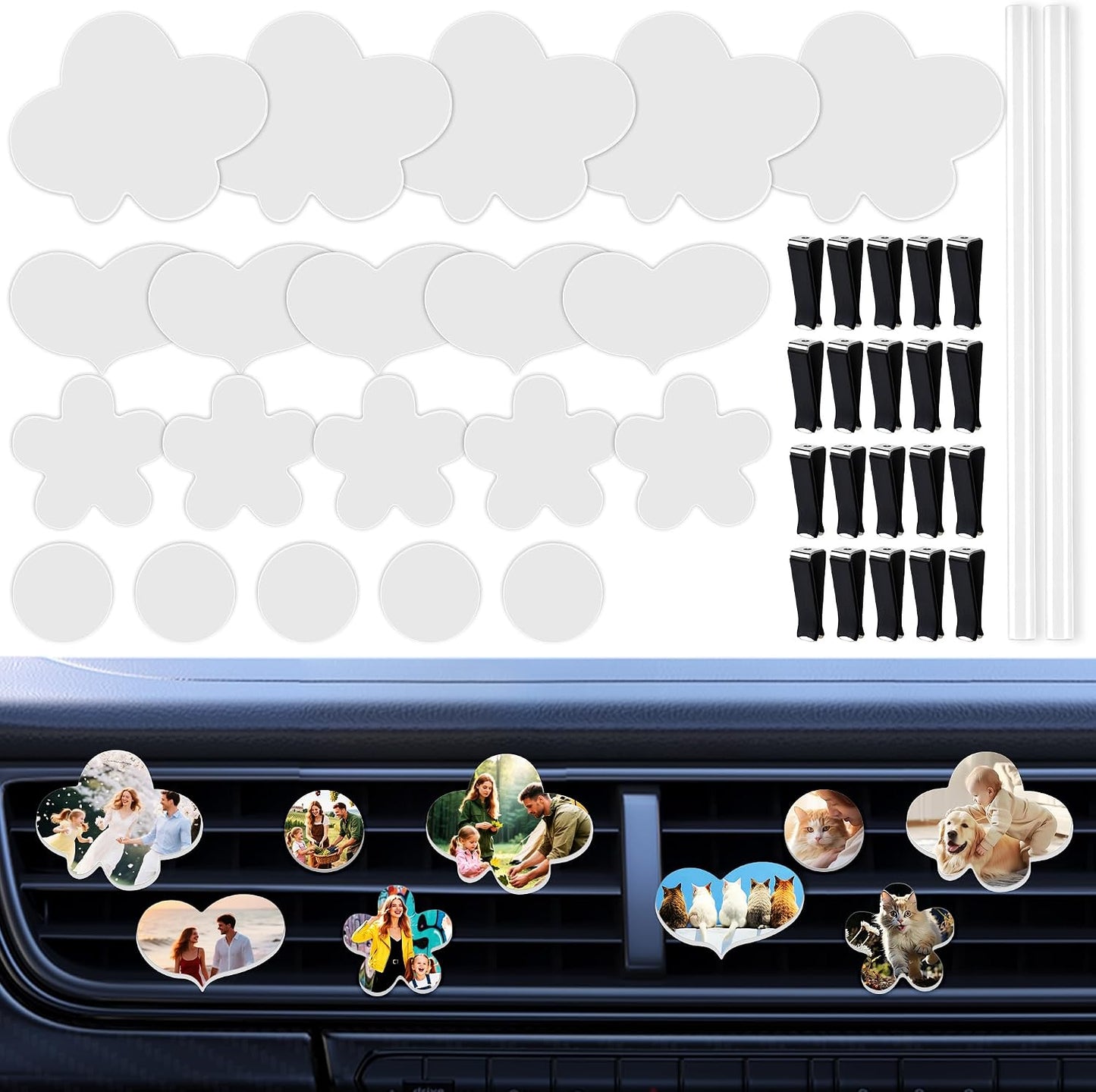 20 Sets Sublimation Car Air Vent Blanks, DIY Car Accessories Heat Transfer Portrait Essential Oil Difusser,20Pcs Matte PVC Blanks and 20Pcs Square Clips