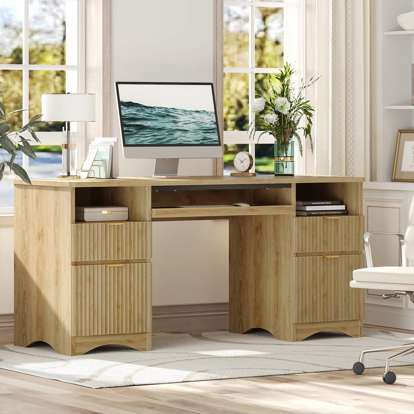 59" Computer Home Office PC Desk with Keyboard Tray and Storage Drawers, Log