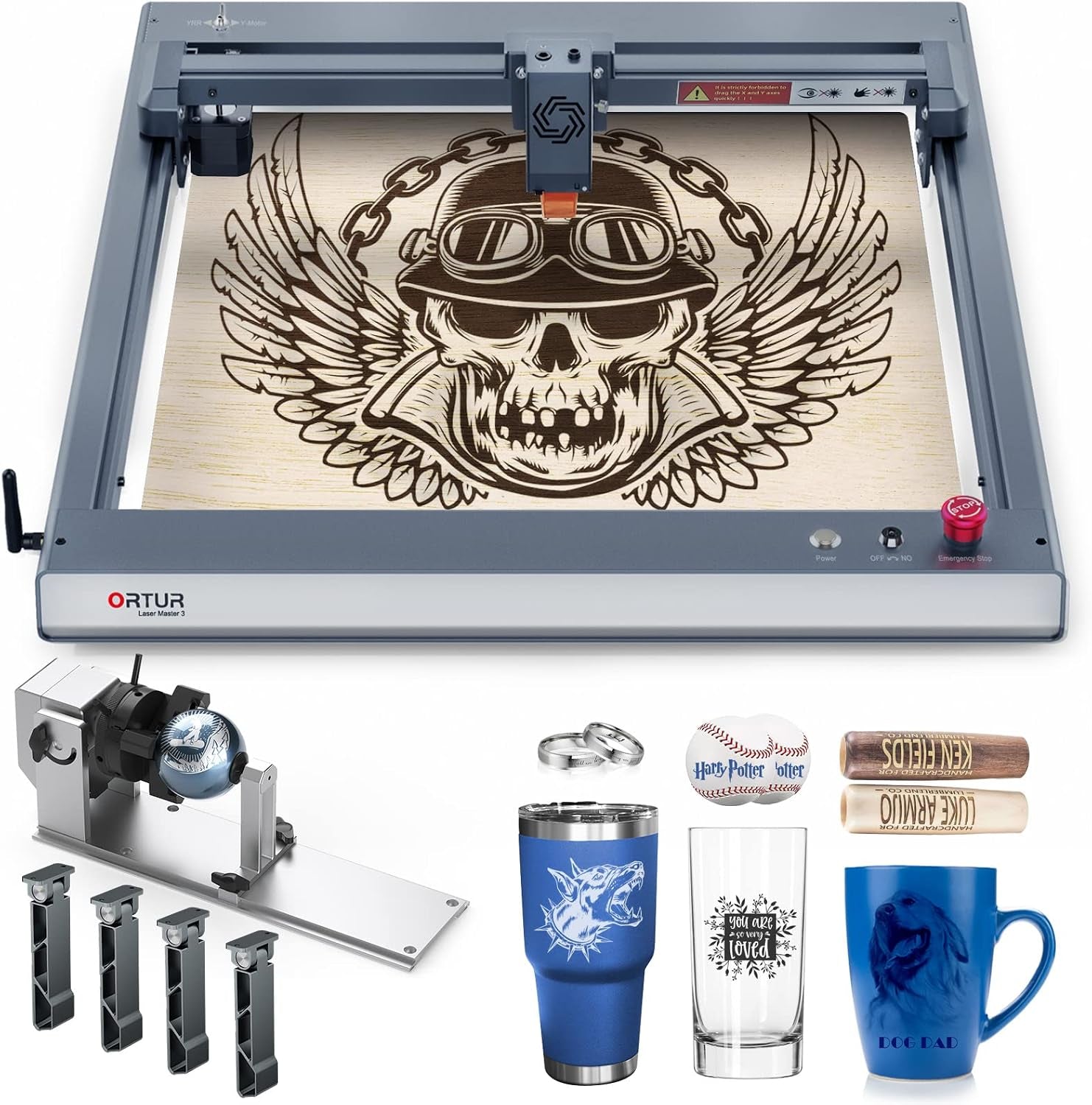 ORTUR Laser Master 3 with Foldable Feet FFT1.0 and Laser Rotary Chuck YRC1.0, 10000Mw Output Laser Cutter, App Control Laser Engraver for Wood and Metal, Laser Class 4