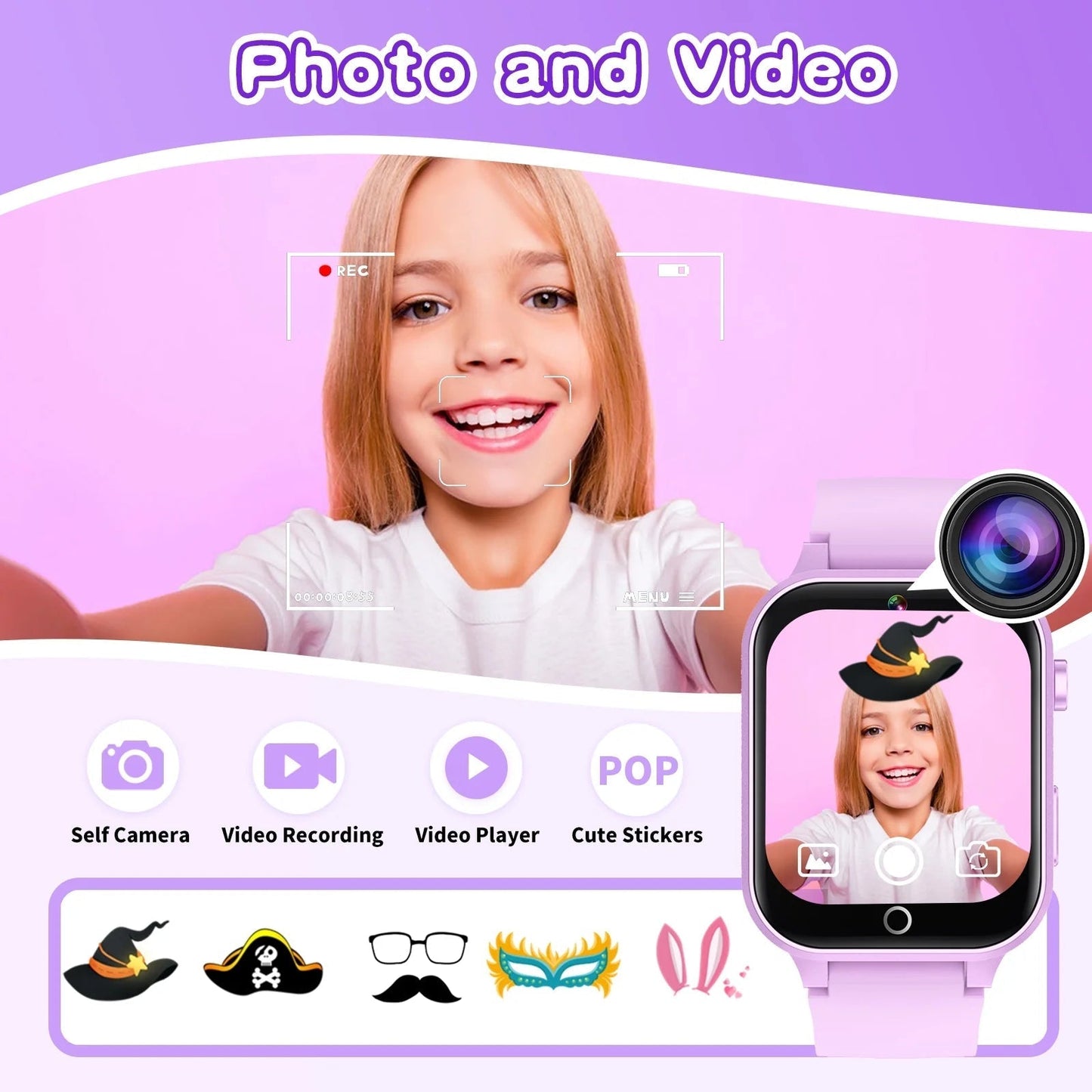 1.54" Smart Watch for Girls Smart Watch for Kids with Camera Games Pedometer Video MP3 Flashlights Calculator Alarm Clock Children Touch Screen Purple