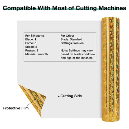 12" X 5 FT Crystal Gold Holographic Heat Transfer Vinyl HTV T-Shirt for Cricut