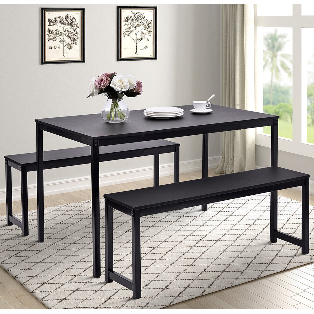 Dining Room Table Set, 3-Piece Breakfast Nook Dining Table Set with Two Benches, Dining Room Table Set Kitchen Table Set with Metal Frame, Modern Furniture for Home Cafeteria, Black