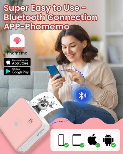 Phomemo Mini Sticker Printer - Print Pods M02 Pro 300Dpi Mini Pocket Printer, Sticker Printer Maker Thermal Label Machine for Photo Printing, Diys, Study Notes, Travel, Work and Study, Gift, Pink