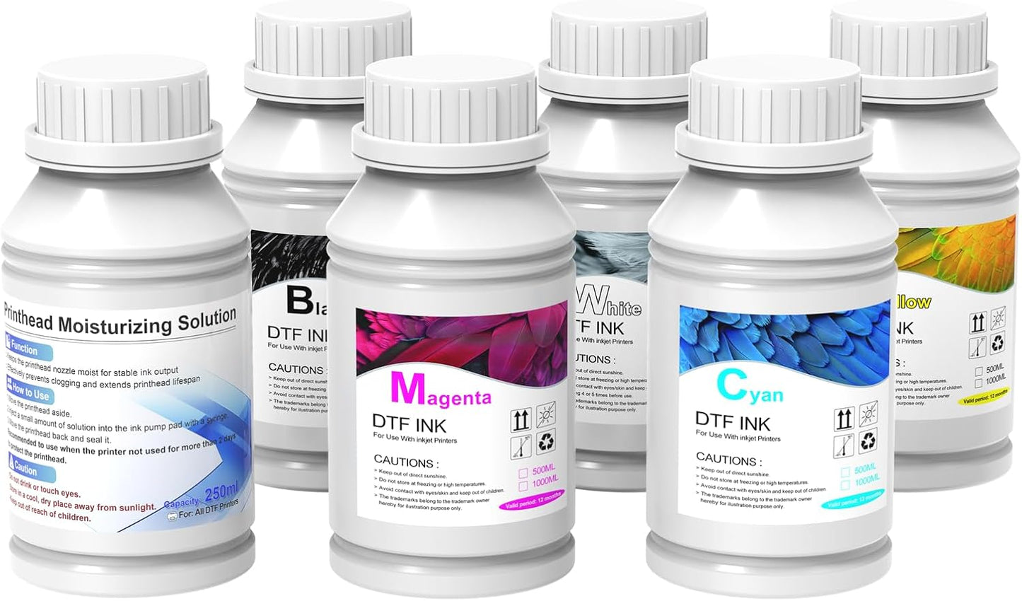DXZ Premium DTF Ink 1250ML,DTF Transfer Ink for PET Film,Refill for DTF Printers for L1800, XP600, L805,L800, R2400, XP-15000, P400, P800（5 * 250ML CMYKW）