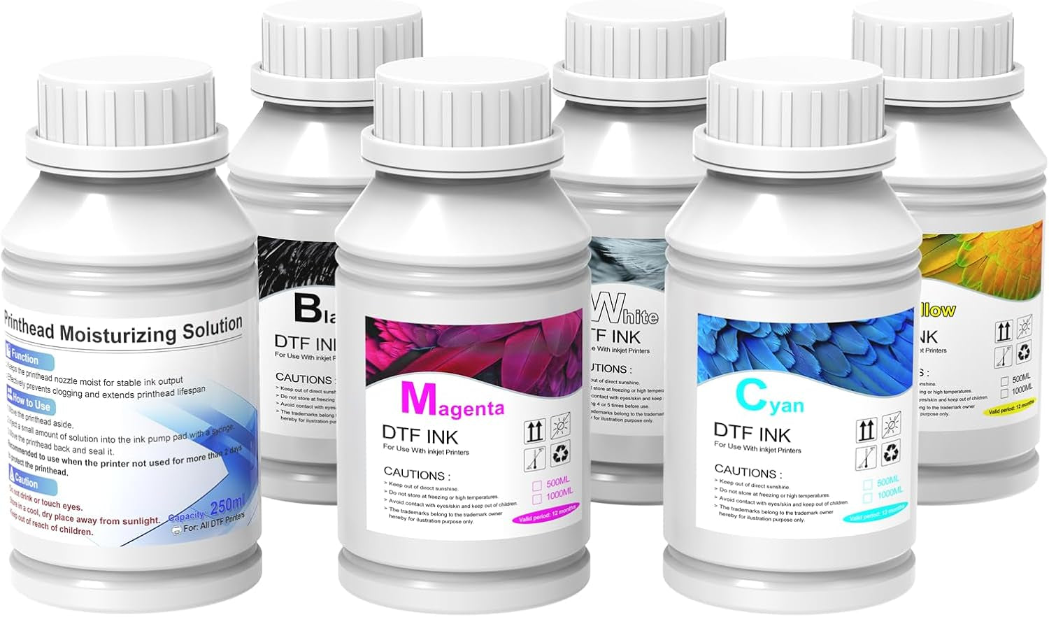 DXZ Premium DTF Ink 1250ML,DTF Transfer Ink for PET Film,Refill for DTF Printers for L1800, XP600, L805,L800, R2400, XP-15000, P400, P800（5 * 250ML CMYKW）