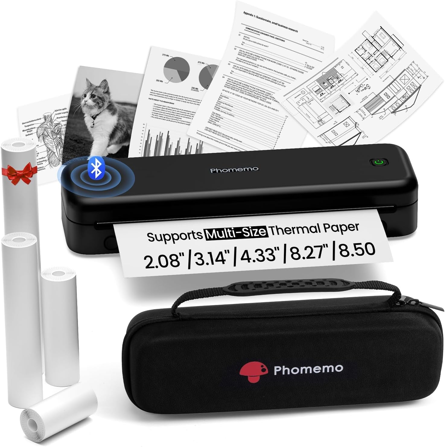 Phomemo Upgraded 300DPI Portable Printers Wireless for Travel, M834 Bluetooth Thermal Printer 8.5" X 11"& A4 Size,Inkless Mobile Printer with Carry Case for Travel,Office,School,Car,Home,Black