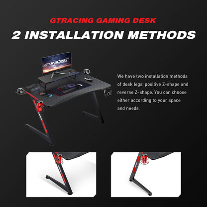 Ergonomic Curved 3-Sided LED Z-Leg Gaming Desk, Black