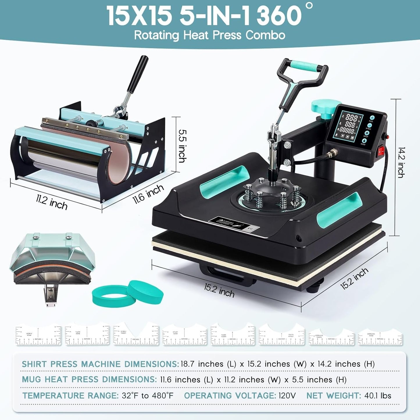 SPECRAFT 5-In-1 Combo Heat Press, 15X15 360° Swing Away Digital Sublimation Machine for T-Shirts Mugs Hats Plates, Green Black