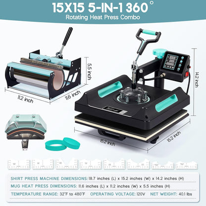 SPECRAFT 5-In-1 Combo Heat Press, 15X15 360° Swing Away Digital Sublimation Machine for T-Shirts Mugs Hats Plates, Green Black