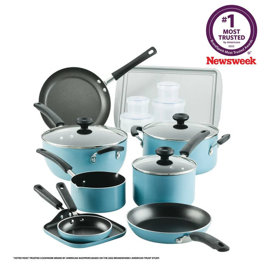 Easy Clean Aluminum Nonstick 20 Pc. Cookware Pots and Pans Set, Aqua