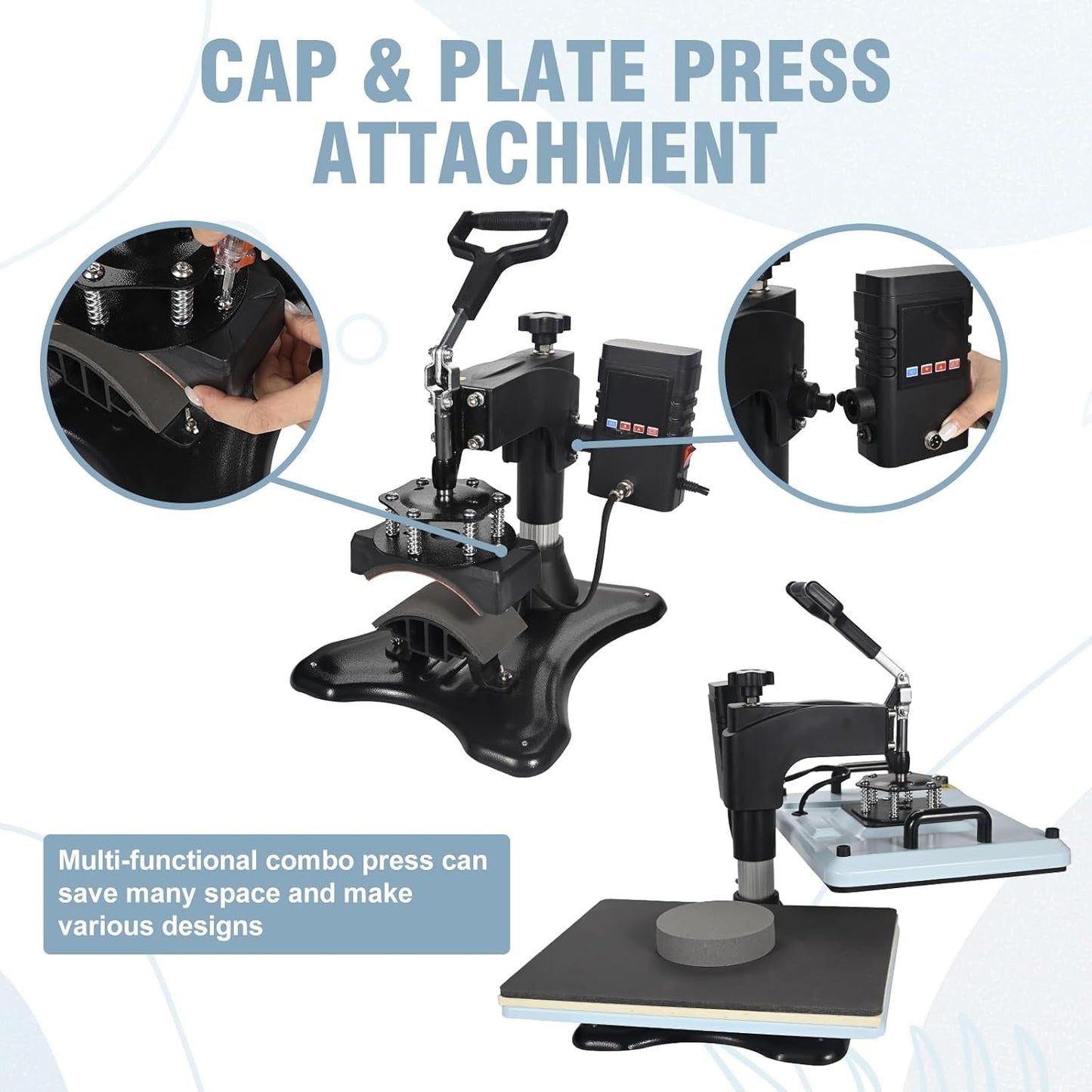 Heat Press Machine 12X15 Inch, 360° Swing Away 5 in 1 Heat Transfer Machine, Multifunctional Heat Transfer Press Machine with 30OZ Tumbler Attachment for Hat/Plate/T-Shirt/Mug, Blue