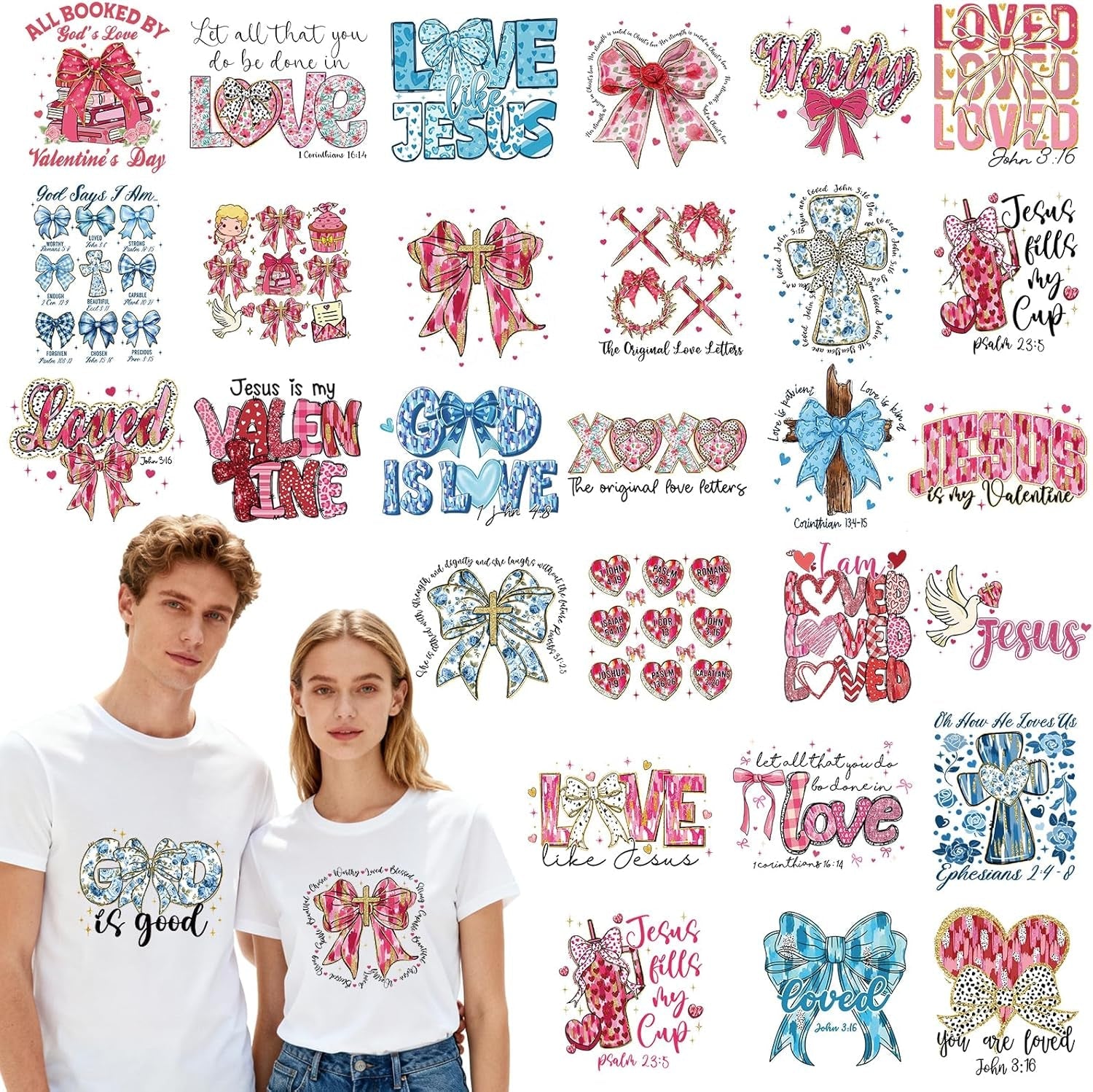 Dazoratix Christian Valentine Iron on Transfers - 30 Sheets Blue Pink Valentine'S Day Religious Jesus DTF Ready to Press Heat Patches Bible Verse Stickers Vinyl Decals for T Shirts Clothes DIY Crafts