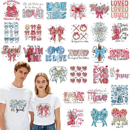 Dazoratix Christian Valentine Iron on Transfers - 30 Sheets Blue Pink Valentine'S Day Religious Jesus DTF Ready to Press Heat Patches Bible Verse Stickers Vinyl Decals for T Shirts Clothes DIY Crafts
