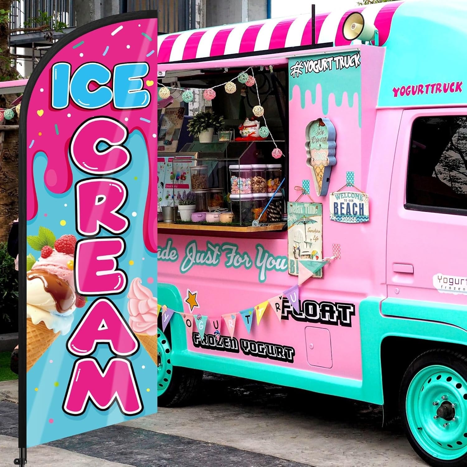 Ice Cream Advertising Feather Flag 7 Ft Advertising Swooper Flag Banner Signs with Pole and Ground Stake for Store Business Outside