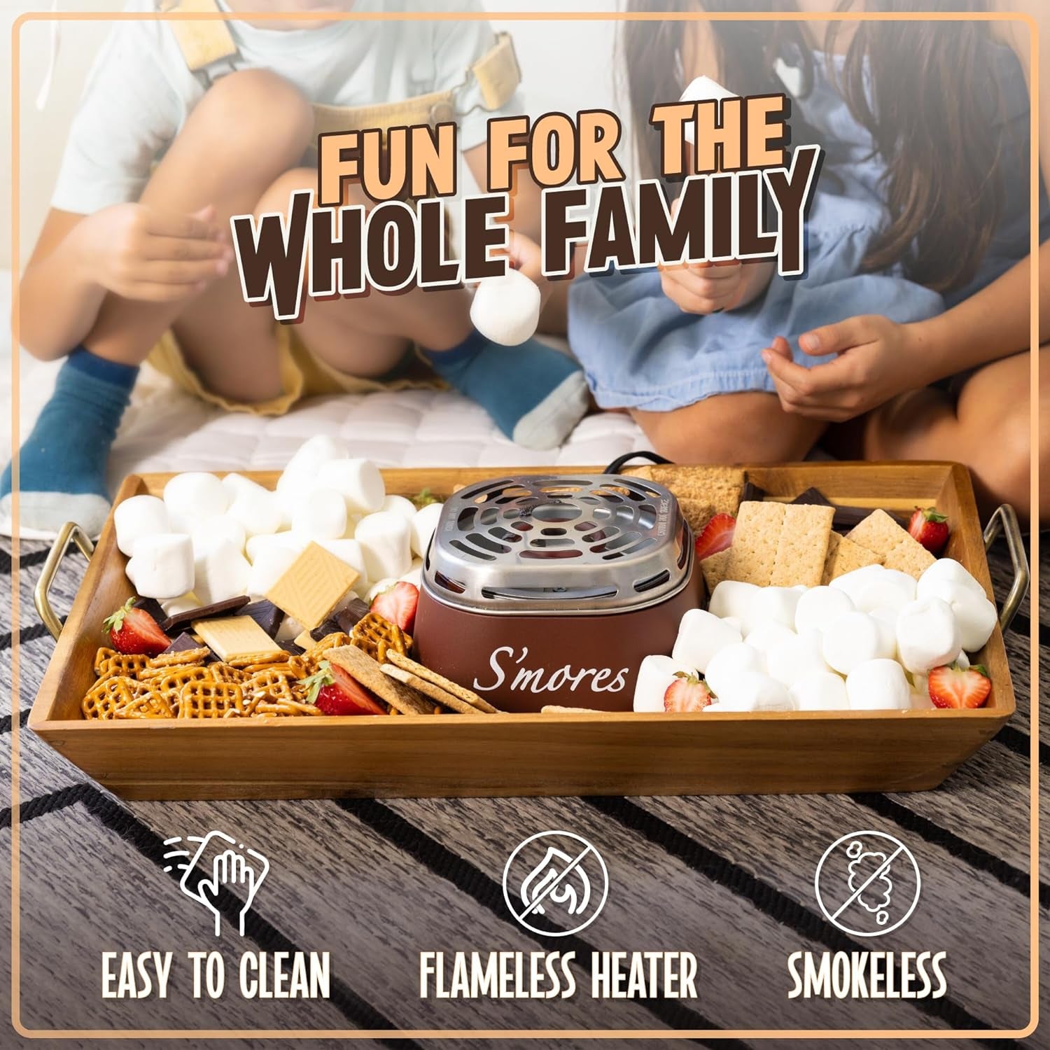 Nostalgia Tabletop Indoor Electric S'Mores Maker - Smores Kit with Marshmallow Roasting Sticks and 4 Trays for Graham Crackers, Chocolate, and Marshmallows - Movie Night Supplies - Brown