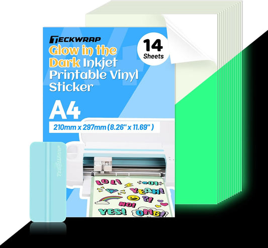 Printable Vinyl Sticker Paper for Inkjet Printer, Glow in the Dark Vinyl Inkjet Printable Sticker Paper, 8.26" X 11.69" A4 Size for Scrap-Booking, Craft Cutters, Home Decor, 14 Sheets/Pack