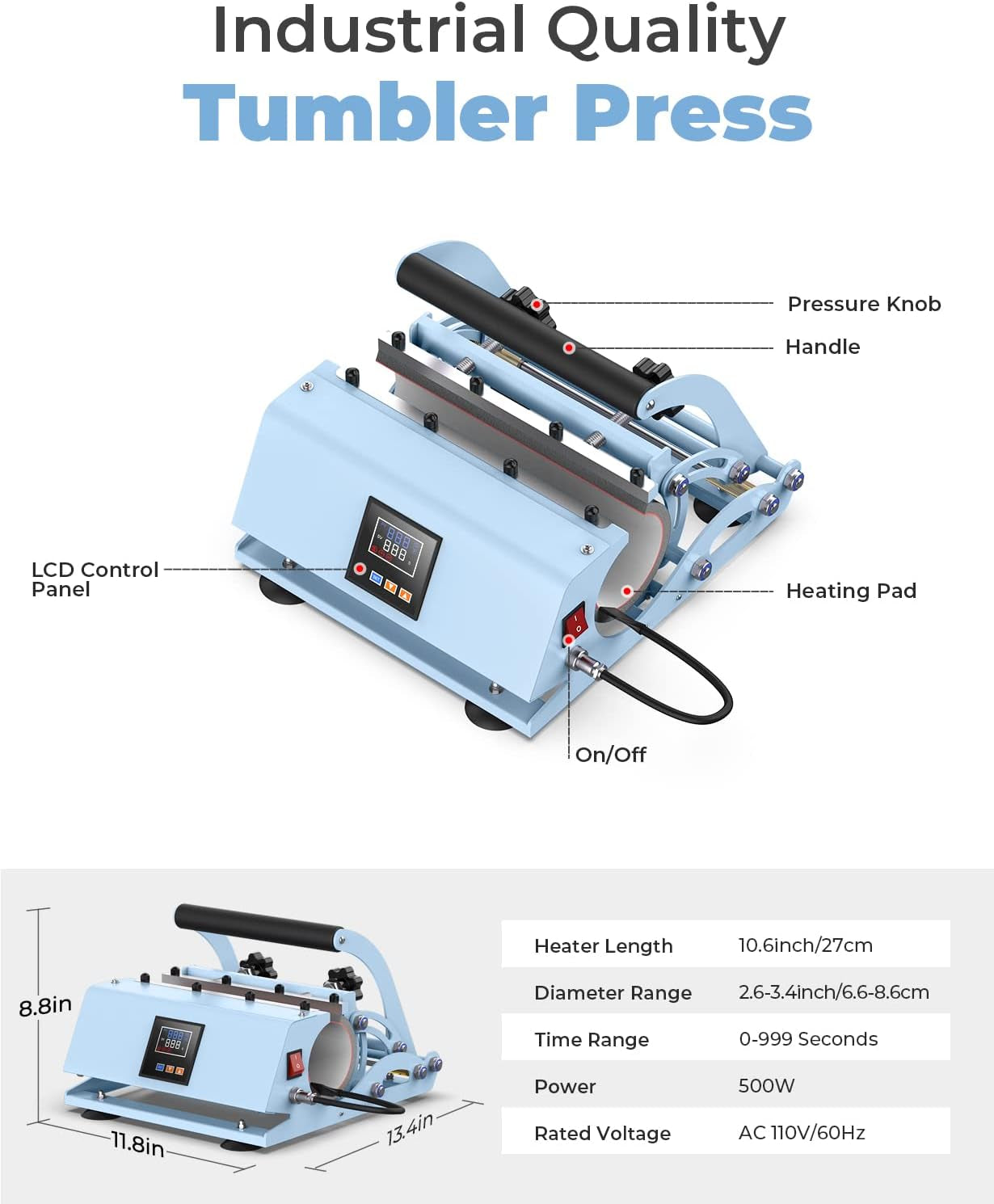 Pro 30 OZ Tumbler Heat Press Machine,  Mug Press for 11 OZ 15 OZ 16 OZ 20 OZ 30 OZ Straight Skinny Sublimation Tumblers, Cup Heat Press DIY Sublimation 30OZ Tumbler Press (Blue)