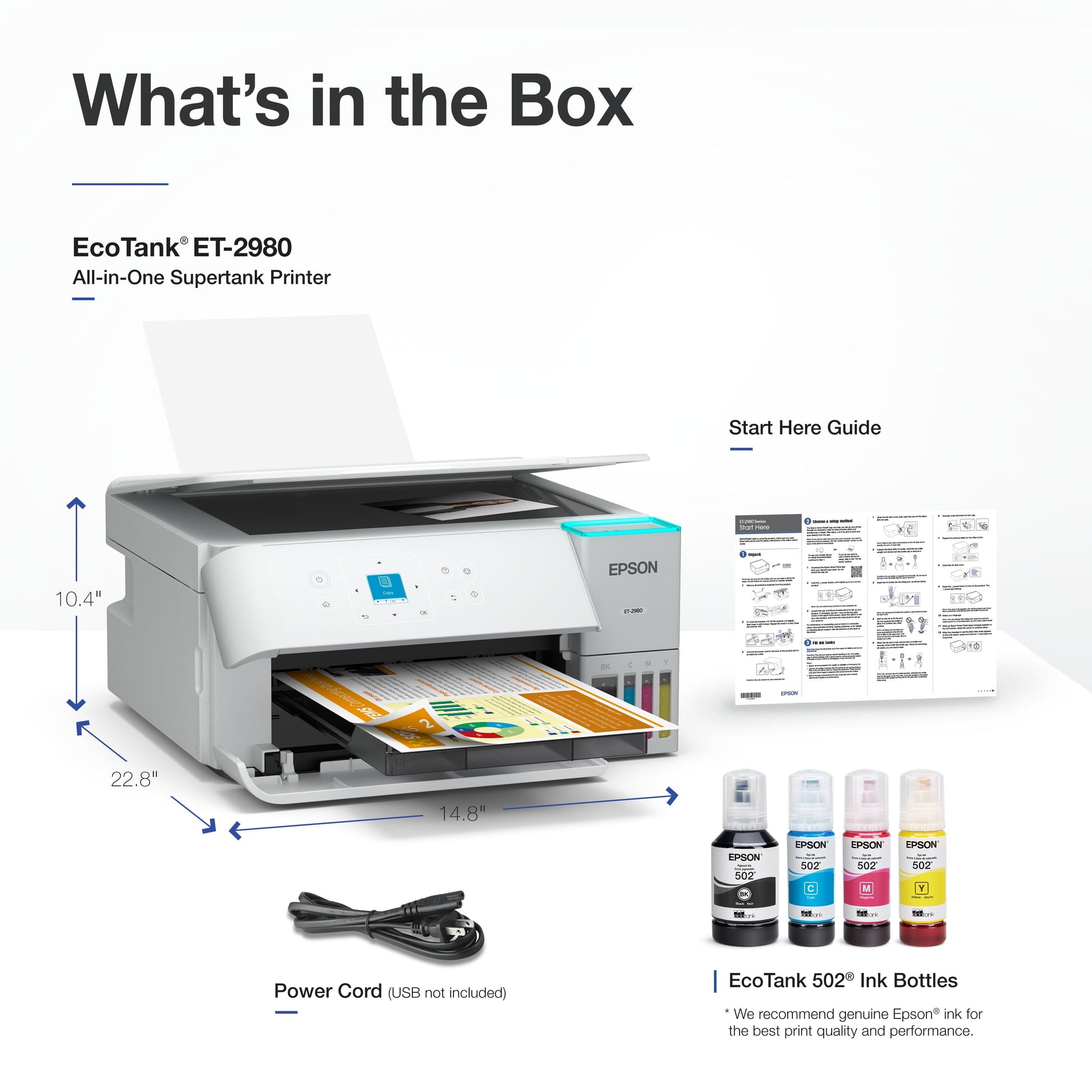 Ecotank ET-2980 Wireless All-In-One Color Supertank Printer with up to 3 Years of Ink, Refillable Tanks, Perfect for Home, 15 PPM, 1.44" Color Screen, Auto 2-Sided Printing - White