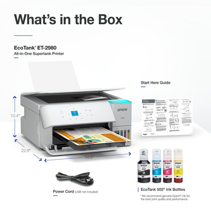 Ecotank ET-2980 Wireless All-In-One Color Supertank Printer with up to 3 Years of Ink, Refillable Tanks, Perfect for Home, 15 PPM, 1.44" Color Screen, Auto 2-Sided Printing - White