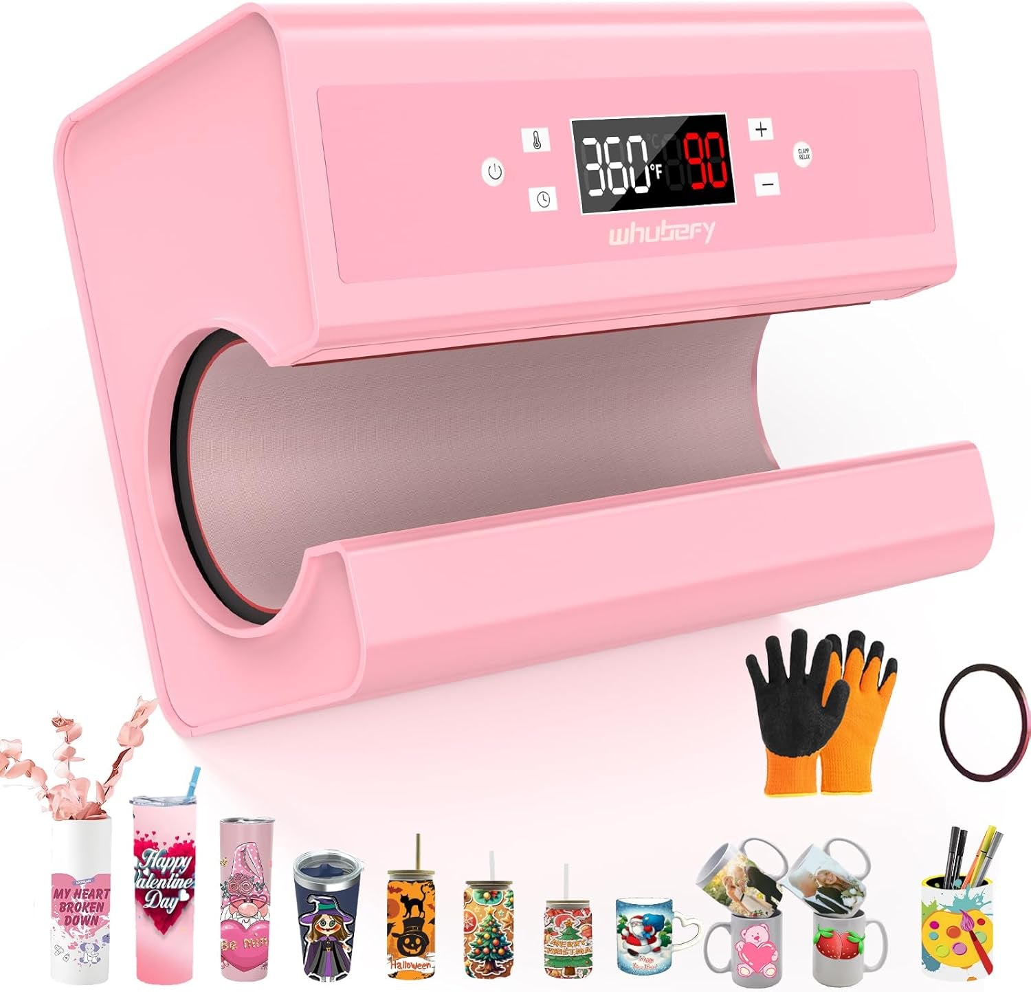 Whubefy Auto Tumbler Heat Press Machine, Pink Mug Heat Press for 10-30Oz 2.9-3.34 Inch Heating Even & Fast, Pro Tumbler Press Machine with Starter Kit, Sublimation for Tumbler, Glass Jar, Can & Mugs