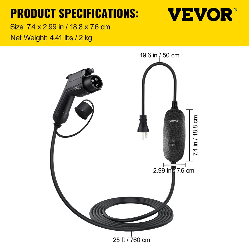 Level 2 EV Charger, 16 Amp 110V-240V 3.84 Kw, Portable Electric Vehicle Charger with 25 Ft Charging Cable NEMA 6-20 Plug, SAE J1772 Standard Plug-In Home EV Charging Station for Electric Cars