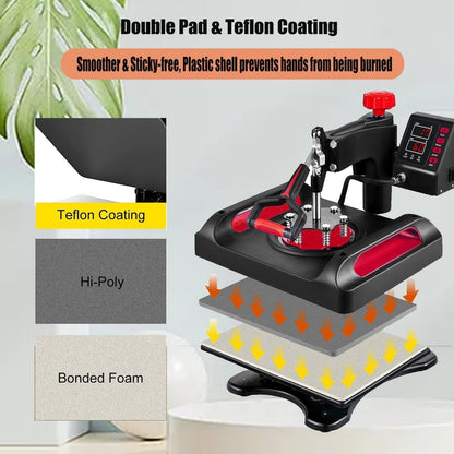 Heat Press,12X15 In, Assemble Sublimation Transfer, 360 Swing Away Digital Sublimation, Fast Heating, with Anti-Scald Surface, for T-Shirts, Bags, Pillows, Red