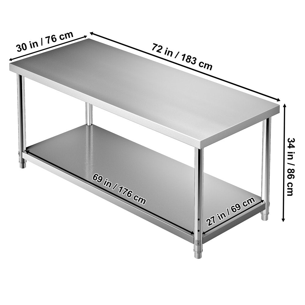 Stainless Steel Prep Table, 72 X 30 X 34 Inch, 550Lbs Load Capacity Heavy Duty Metal Worktable with Adjustable Undershelf, Commercial Workstation for Kitchen Restaurant Garage Backyard