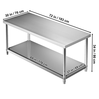 Stainless Steel Prep Table, 72 X 30 X 34 Inch, 550Lbs Load Capacity Heavy Duty Metal Worktable with Adjustable Undershelf, Commercial Workstation for Kitchen Restaurant Garage Backyard