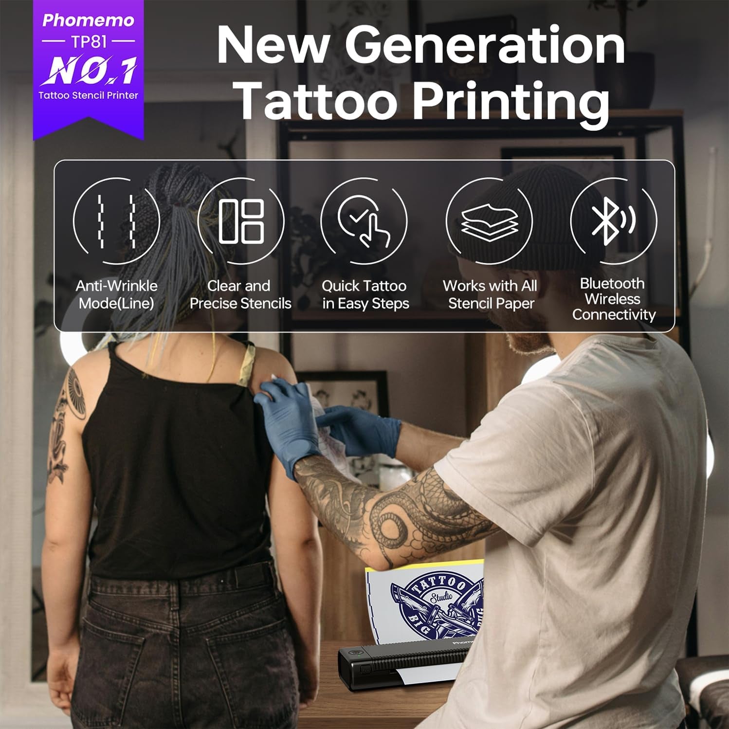 Phomemo Tattoo Stencil Printer Upgraded, TP81 Bluetooth Tattoo Printer with 10Pcs Transfer Paper, Compatible with Phone/Tablet/Pc, Tattoo Supplies for Tattoo Artists & Beginners,Black