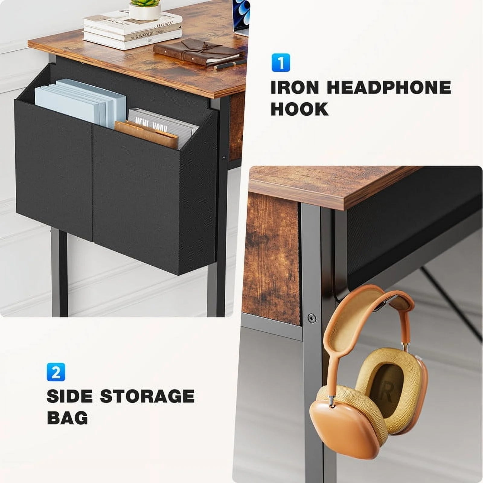 32 Inch Desk with 2 Drawers Home Office Computer PC Table with Fabric Storage Bag, Study Writing Wood Deskboard for Small Spaces,Rust Brown