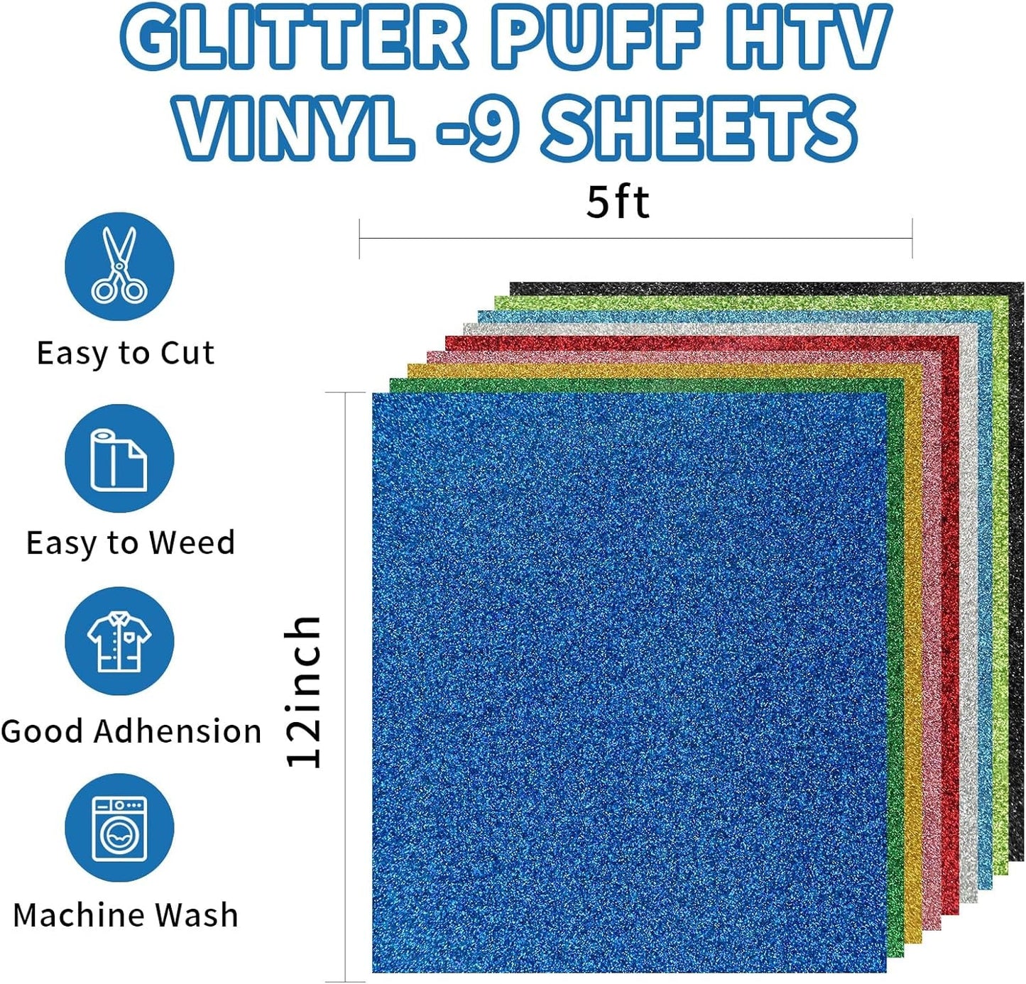 3D Puff Heat Transfer Vinyl, 9 Sheets 12" X 10" Glitter Foaming Puff HTV Vinyl, Puffy Iron on Vinyl for T-Shirts Clothes Compatible with Cricut Air or Maker