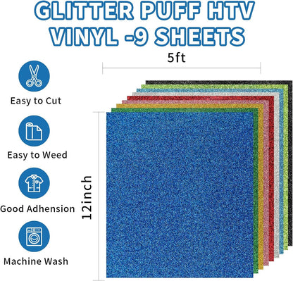 3D Puff Heat Transfer Vinyl, 9 Sheets 12" X 10" Glitter Foaming Puff HTV Vinyl, Puffy Iron on Vinyl for T-Shirts Clothes Compatible with Cricut Air or Maker