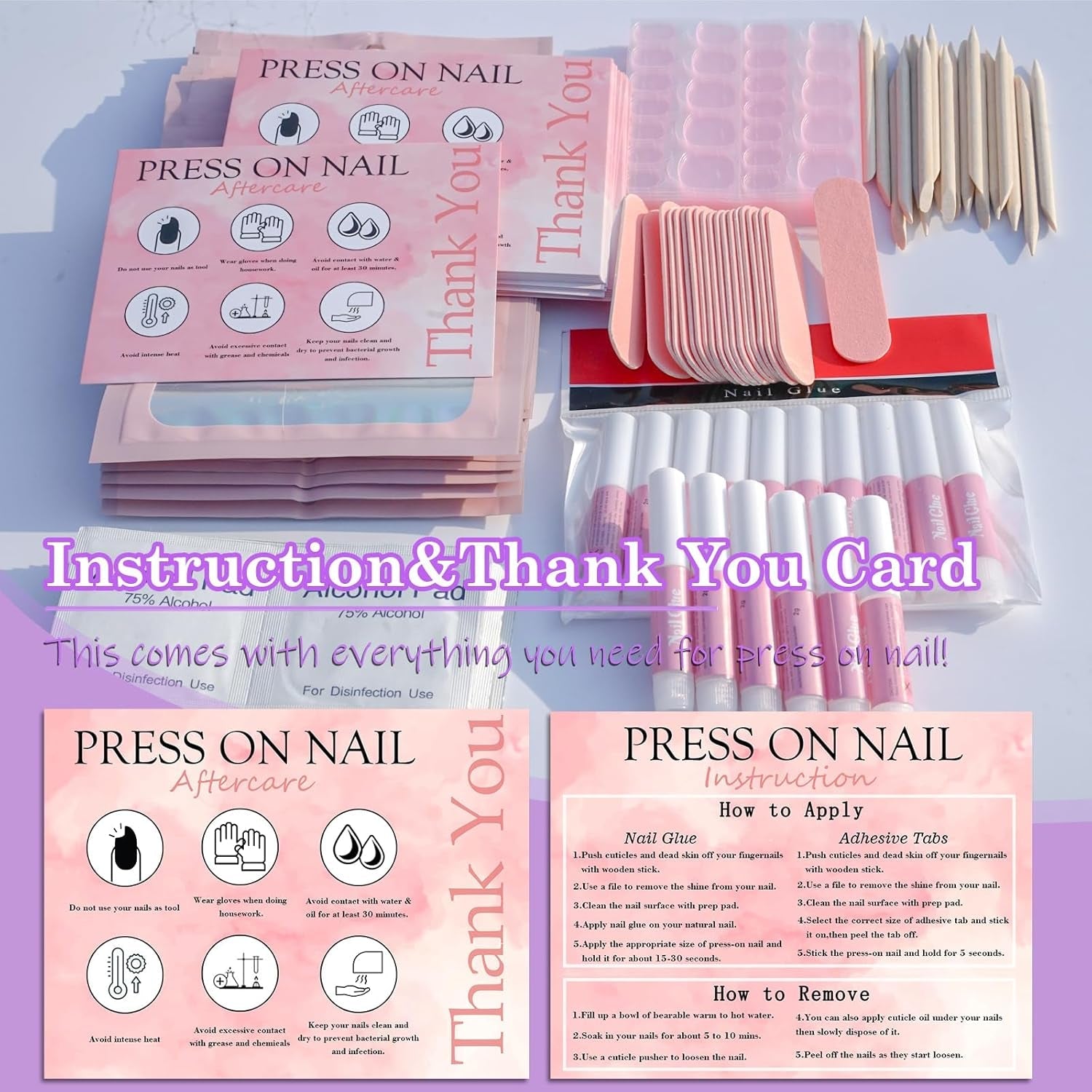 Disposable Nail Supplies Kits,Professional Manicure Press on Nail Tool Kit with Nail File,Adhesive Tabs,Nail Glue,Sticks, Prep Pads,Bags,Cards for Nail Business (140Pcs20Set-Pink)