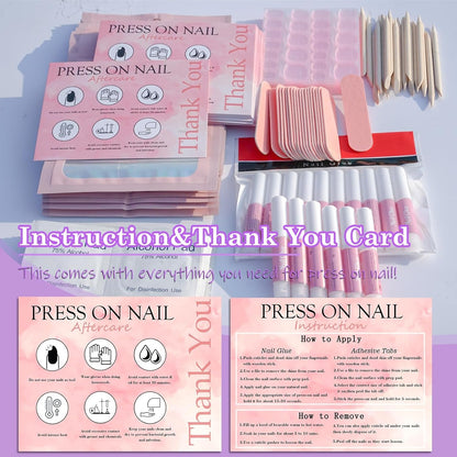 Disposable Nail Supplies Kits,Professional Manicure Press on Nail Tool Kit with Nail File,Adhesive Tabs,Nail Glue,Sticks, Prep Pads,Bags,Cards for Nail Business (140Pcs20Set-Pink)