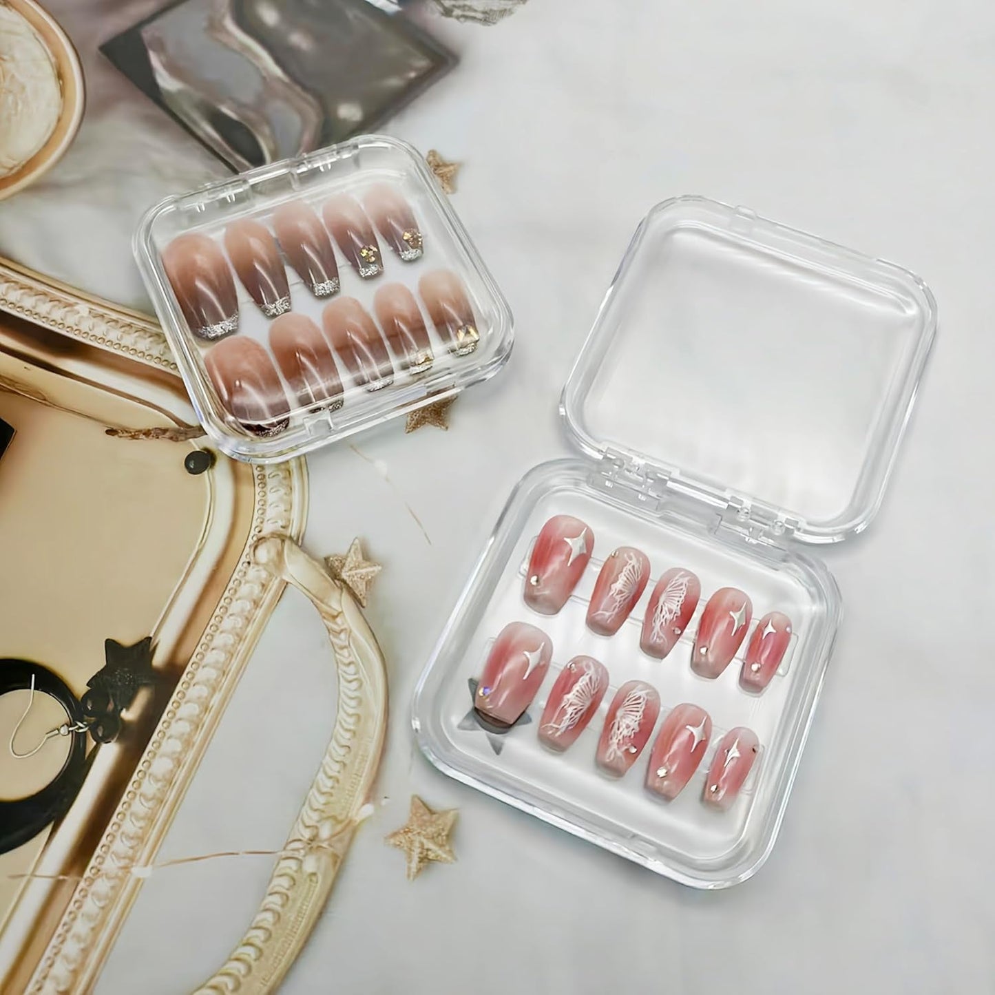 14 Pcs Press on Nail Packaging Box Press on Nail Storage Box for Press Ons with 60 Pcs Adhesive Double Sided Tape for Fake Nail Storage Case Nail Display Nail Salon Supplies Nail Art Business (Clear)