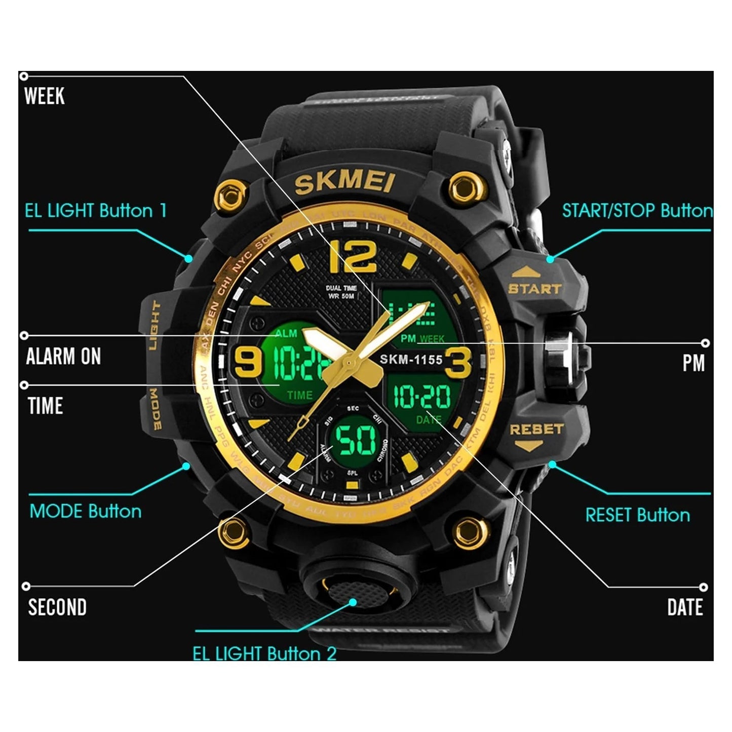 Men'S Digital Sports Watch, Large Face Military Waterproof Watches for Men with Stopwatch Alarm LED Back Light Sports Watch,Gold