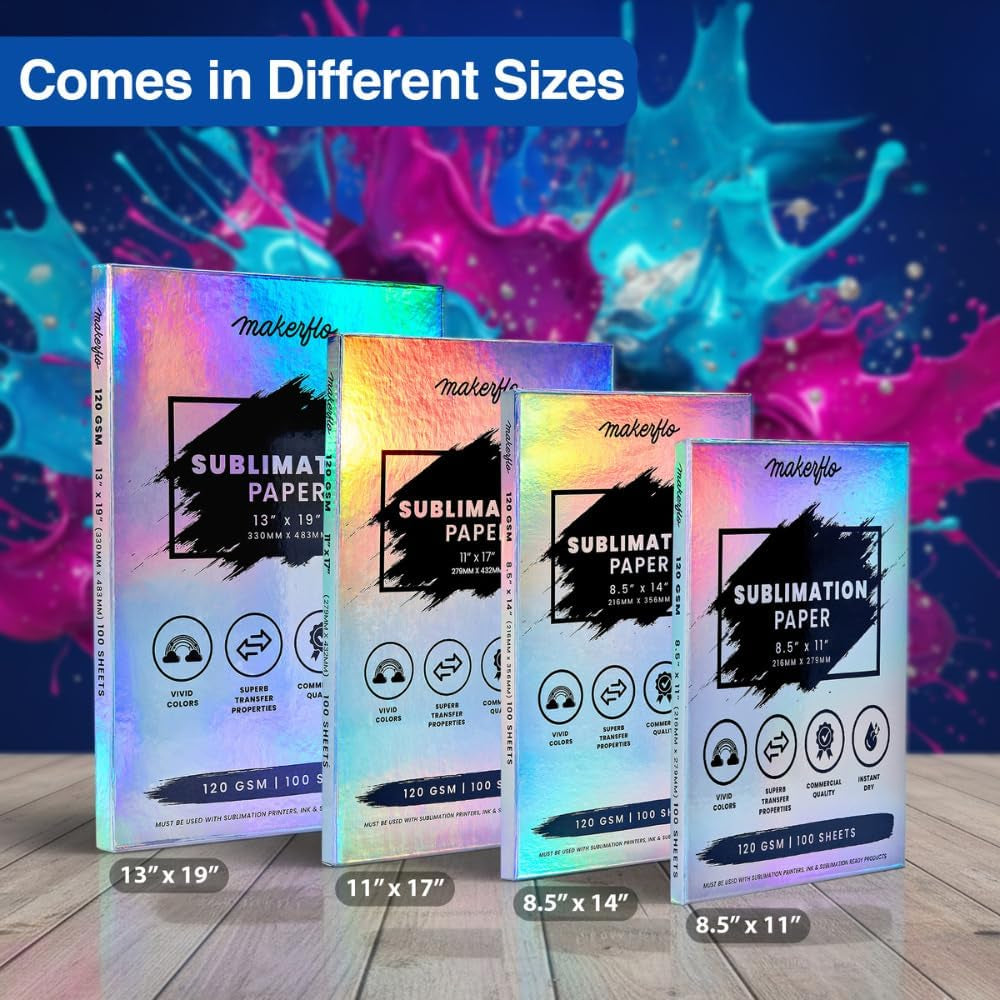 Makerflo Sublimation Paper 13 X 19 Inch 100 Sheets, Heat Transfer Sublimation Paper for Tumblers T-Shirts Phone Case Mugs, Printable Stickers Gifting Christmas DIY Enthusiast