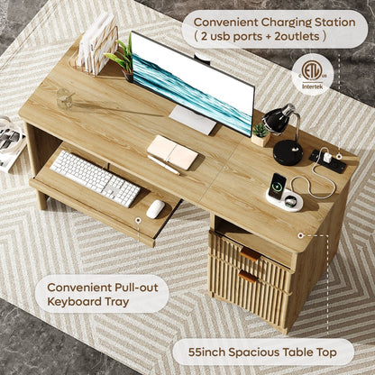 55" Computer Writing PC Desk Home Office with Power Outlets Keyboard Tray and Storage Drawers, Log
