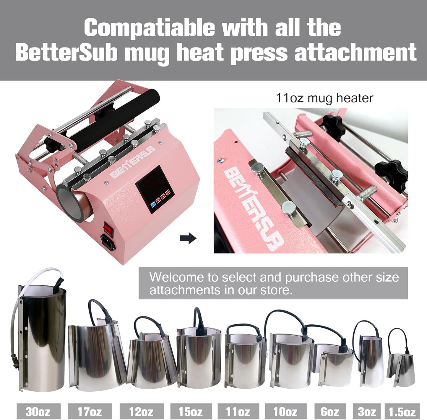 Bettersub 3In1 Tumbler Mug Heat Press Machine 30 OZ 20 OZ 16 OZ Sublimation Straight Skinny Tumbler Mug 3 OZ 1.5 OZ Shot Glass,11 OZ 15 OZ 16 OZ Sublimation Mug Heat Transfer Pink