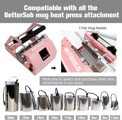 Bettersub 3In1 Tumbler Mug Heat Press Machine 30 OZ 20 OZ 16 OZ Sublimation Straight Skinny Tumbler Mug 3 OZ 1.5 OZ Shot Glass,11 OZ 15 OZ 16 OZ Sublimation Mug Heat Transfer Pink