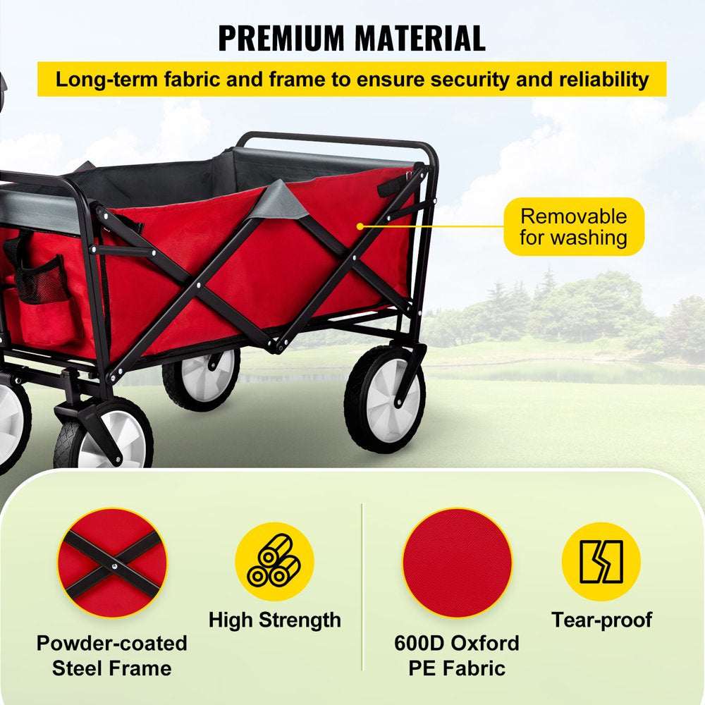 brand Collapsible Wagon Cart ,Folding Wagon Cart , 176 Lbs Load Beach Wagon Oversized Wheels, Portable Folding Wagon Adjustable Handles for Beach, Garden, Sports, Camping, Red & Gray