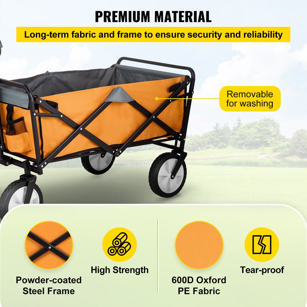 brand Collapsible Wagon Cart ,Folding Wagon Cart , 176 Lbs Load Beach Wagon Oversized Wheels, Portable Folding Wagon Adjustable Handles for Beach, Garden, Sports, Camping, Orange & Gray