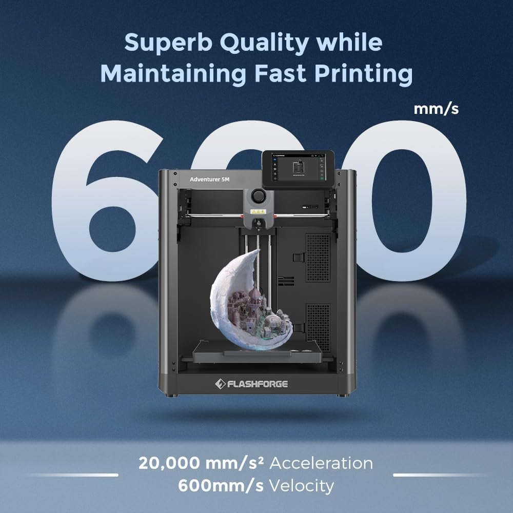 FLASHFORGE AD5M 3D Printer Fully Auto Calibration Print with 1-Click Max 600Mm/S Speed, All-Metal Corexy Structure Precise Printing, Easy-Maintenance Quick-Swap Nozzle, Print Size 220X220X220Mm
