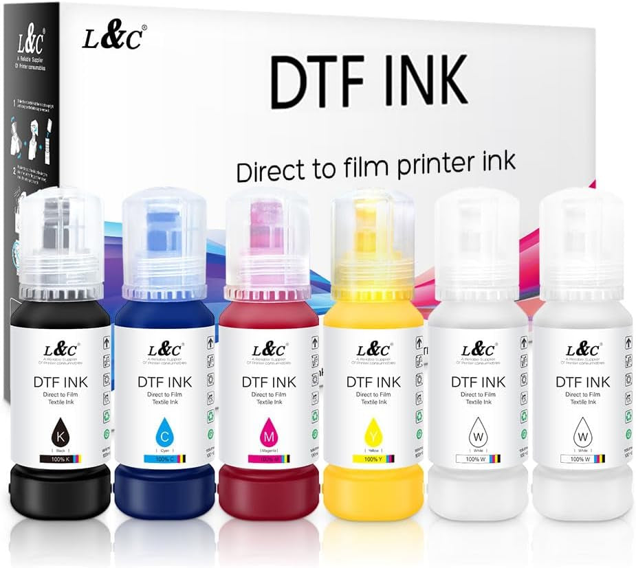 L&C DTF Ink Auto-Fill 600ML DTF Transfer Ink for Epson ET-8550 ET-8500 D570 R1390 DTF Printers Upgraded Heat Transfer Printing Direct to Film Set 100ML X 4 CMYK, 100ML X 2 White (Anti-Uv/Icc-Free)