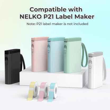 NELKO Genuine P21 Label Maker Tape, Adapted Label Print Paper, 14X40Mm (0.55"X1.57"), Standard Laminated Office Labeling Tape Replacement, Multipurpose of P21, 180 Tapes/Roll, 3-Roll, Blue/Yellow/Pink