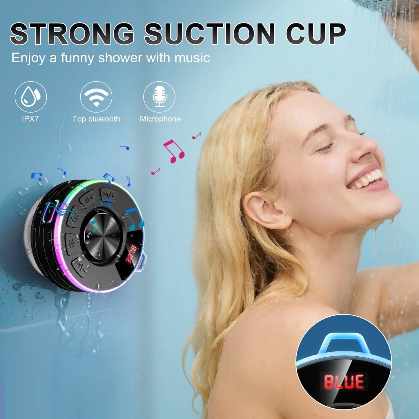 Bluetooth Speaker, Lpx7 Waterproof Shower Portable Speaker with LED Light, Bluetooth 5.4 HD Stereo Sound, Digital Display with Suction Cup, Wireless Speaker for Outdoor Party Beach Bathroom