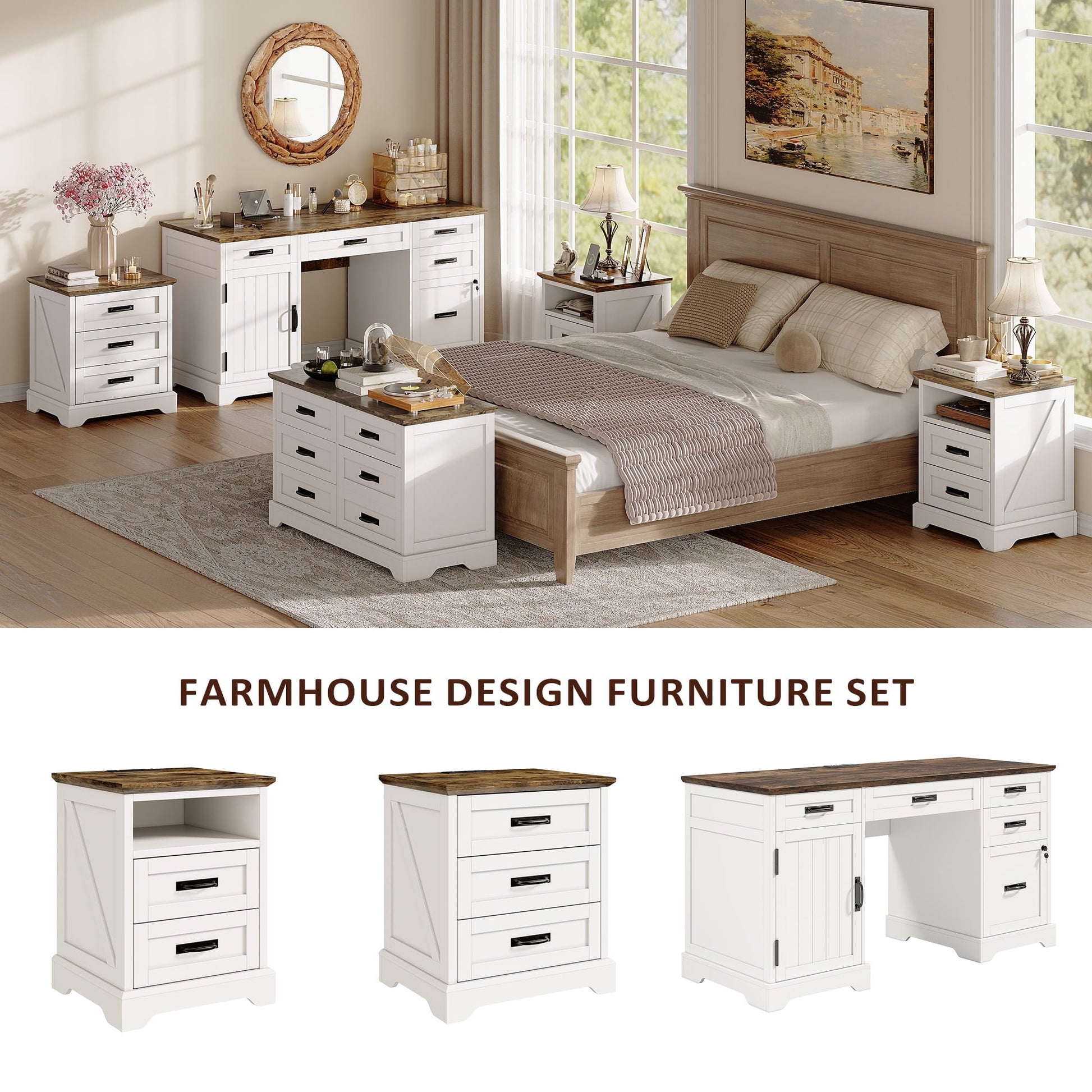 Executive Desk with File Drawers, 55'' Farmhouse Desk Modern for Adult Home Office, White