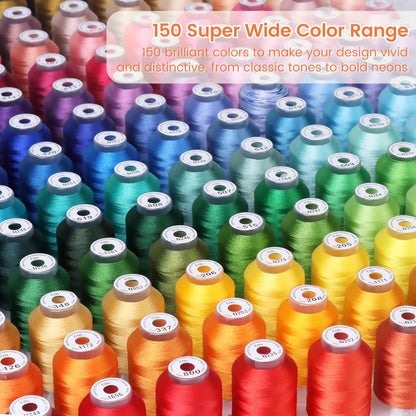 New Brothread Mega Kit 150 Colors Compatible with Brother & Janome Polyester Embroidery Machine Thread 40WT 500M/550YD Compatible with Brother Babylock Janome Singer Pfaff Husqvarna Bernina Machines | 150 Spools, 100% Polyester, 500M and 550Yd per Spool, Compatible with Brother, Babylock, Janome, Singer, Pfaff, Husqvarna